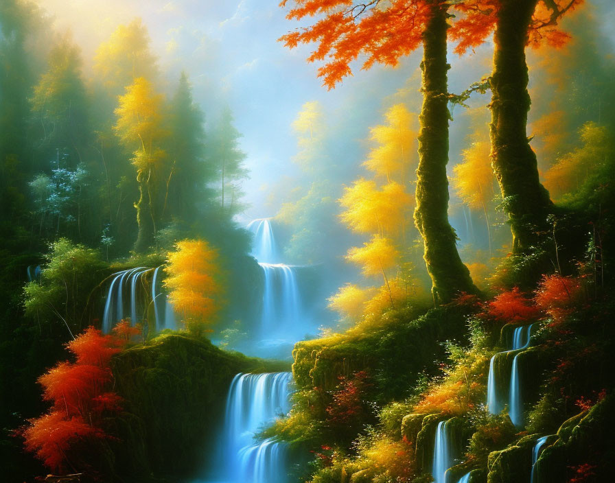 Vibrant autumn trees and cascading waterfalls in serene landscape