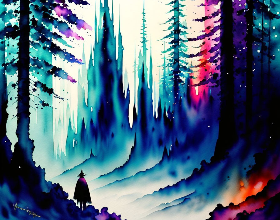 Mystical forest watercolor painting with tall trees and solitary figure