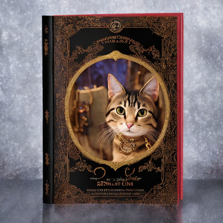 Ornate book cover with realistic cat illustration and intricate golden designs