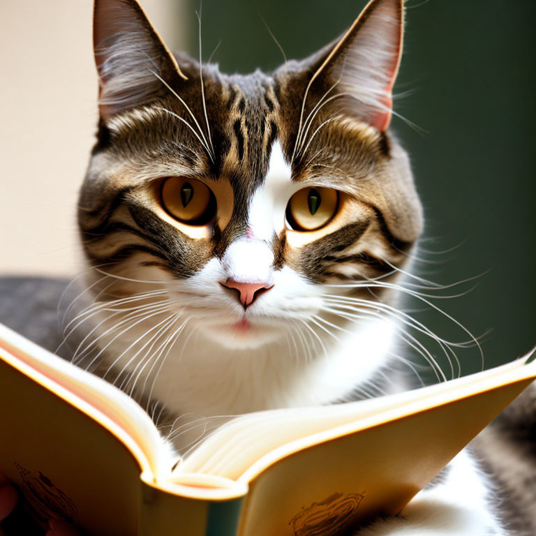 Tabby Cat with Yellow Eyes Reading Book