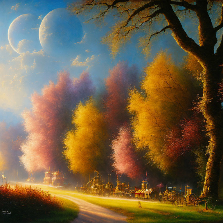 Colorful Autumn Trees and Moons in Enchanting Fantasy Landscape