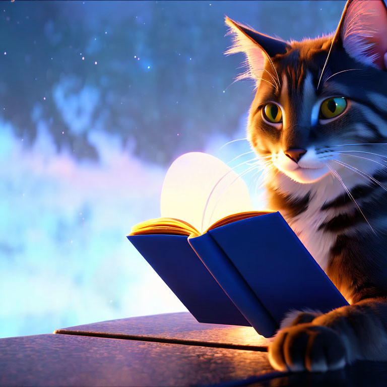 Digital artwork of animated cat reading glowing book under starry sky