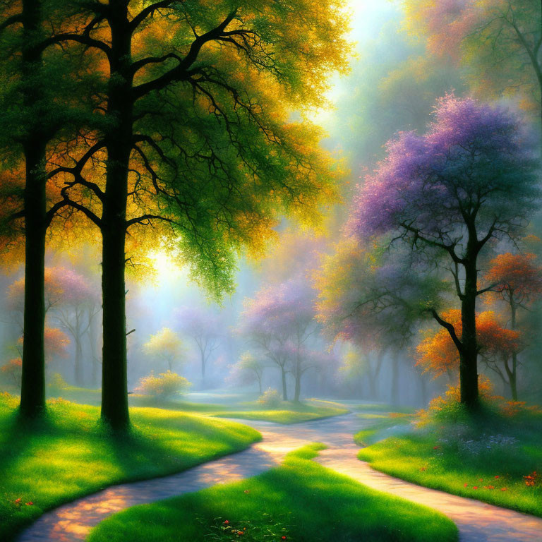 Enchanted forest with green and purple foliage, winding path, and sunlight rays