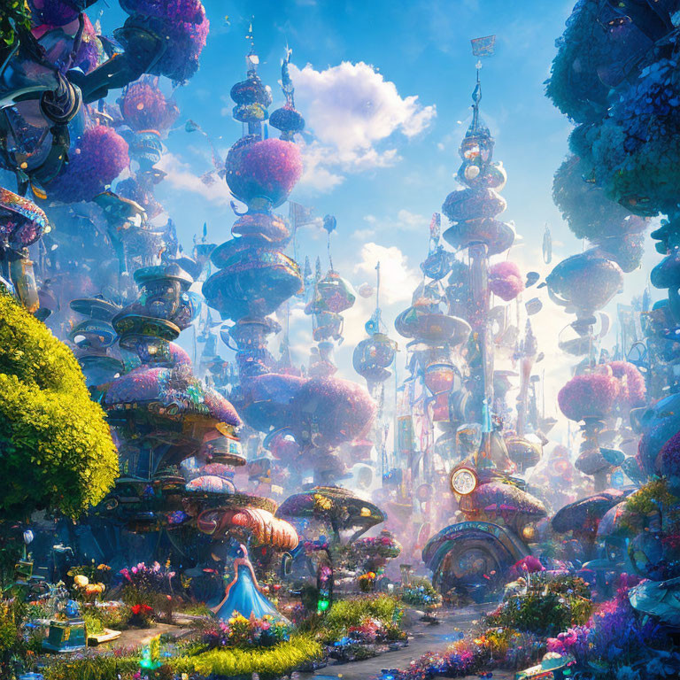 Vibrant flora and towering structures in fantastical cityscape