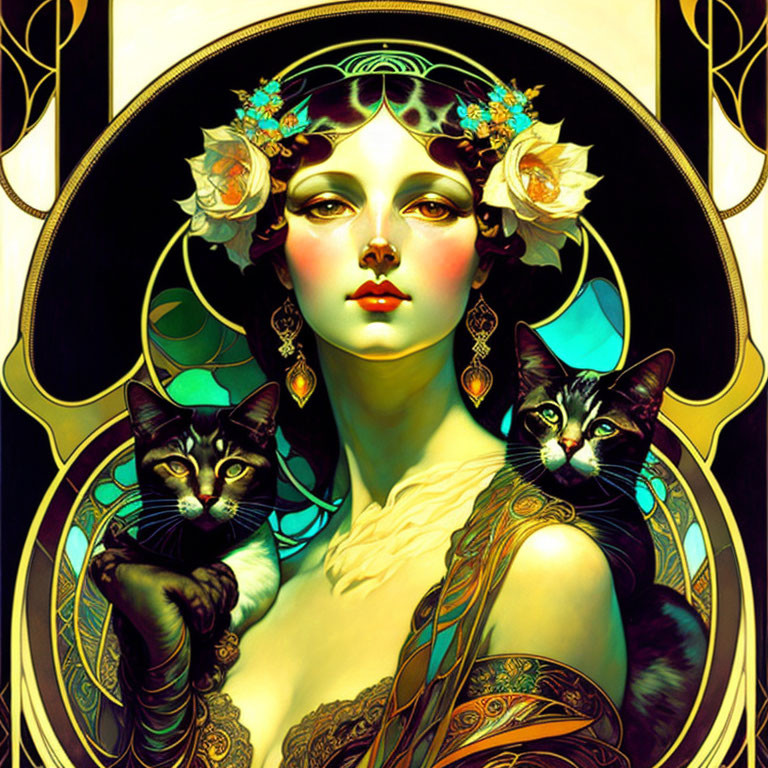 Art Nouveau Woman Illustration with Halo, Flowers, Cats, and Golden Patterns