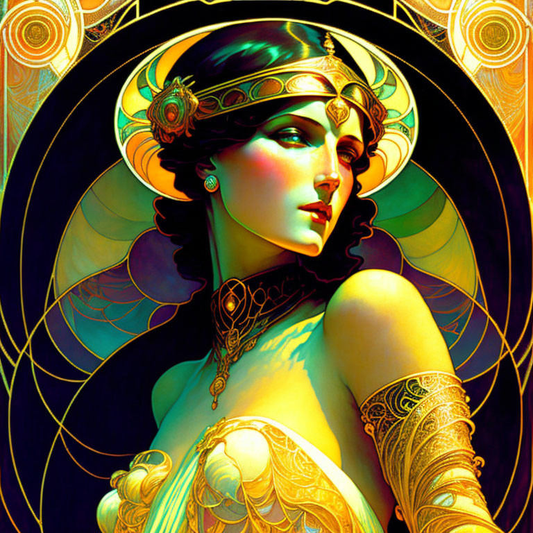 Woman in Art Nouveau Style with Decorative Headdress & Intricate Jewelry