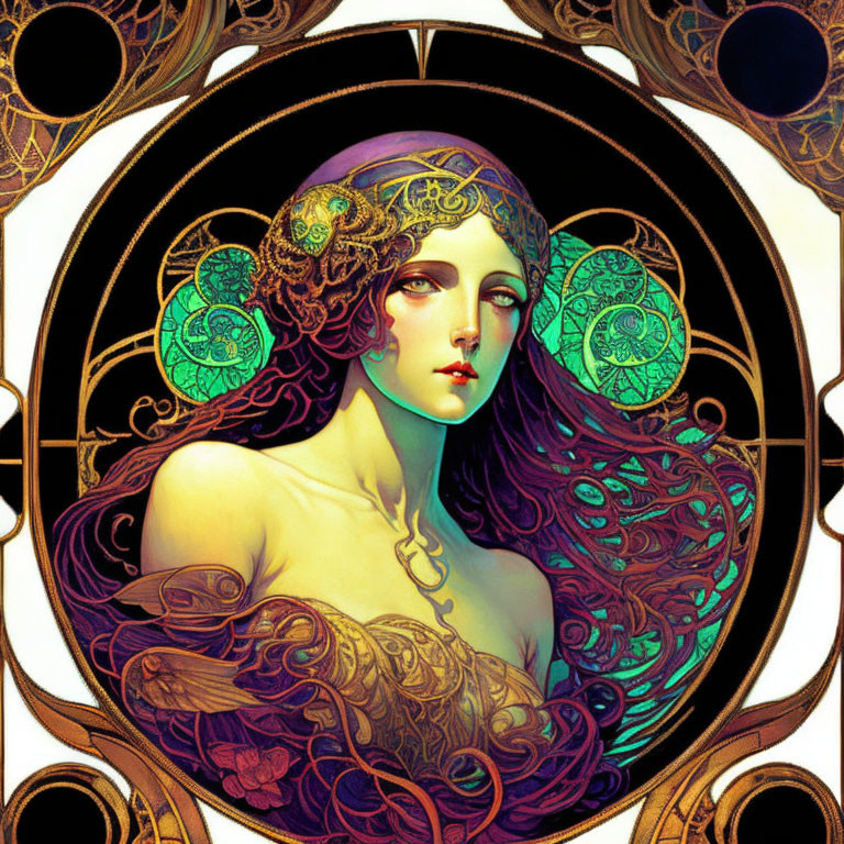 Art Nouveau Woman Illustration with Flowing Hair and Ornate Circular Design