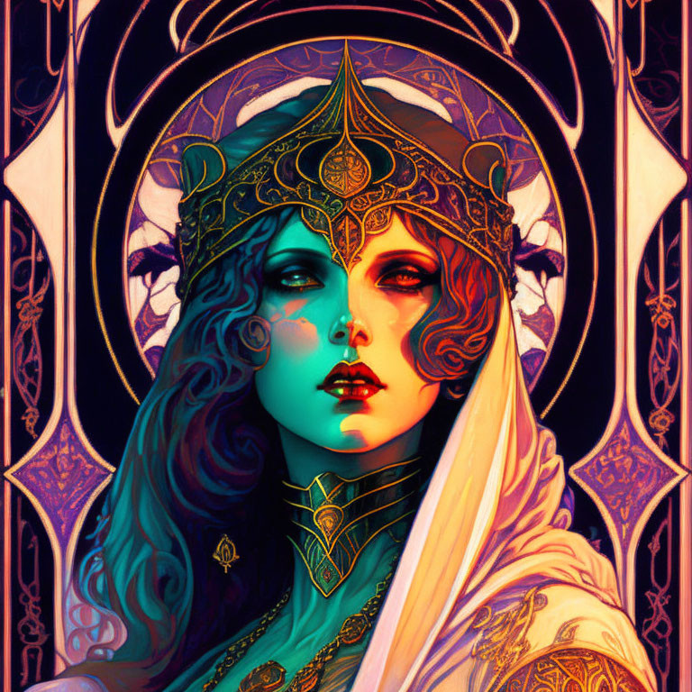 Colorful Art Nouveau Woman Illustration with Elaborate Headdress