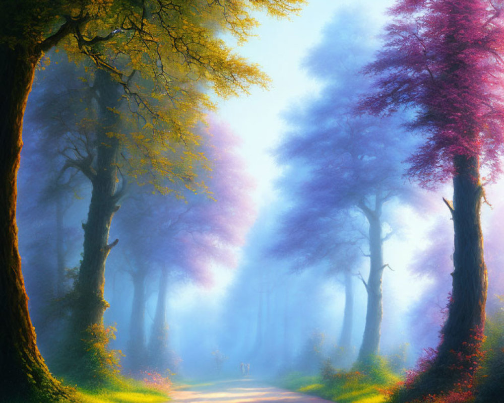 Mystical forest path with golden and pink foliage under soft, glowing light