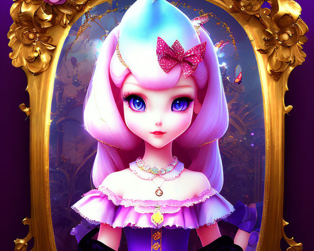 Doll-like character with big blue eyes and white hair in purple and pink dress framed by golden mirror