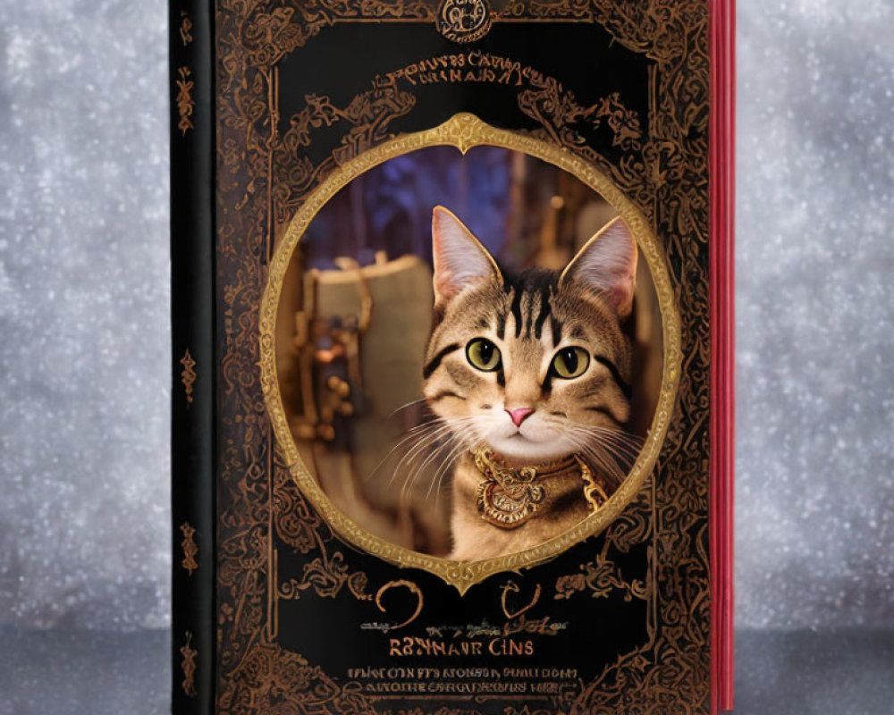 Ornate book cover with realistic cat illustration and intricate golden designs