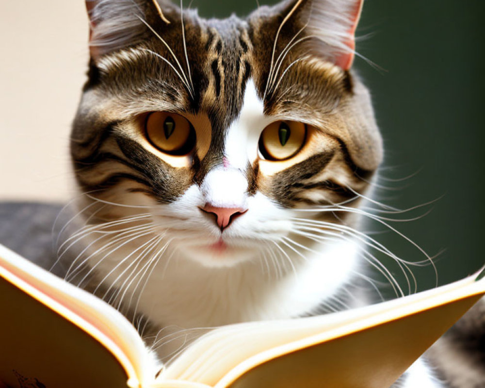 Tabby Cat with Yellow Eyes Reading Book