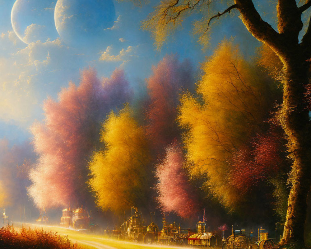 Colorful Autumn Trees and Moons in Enchanting Fantasy Landscape