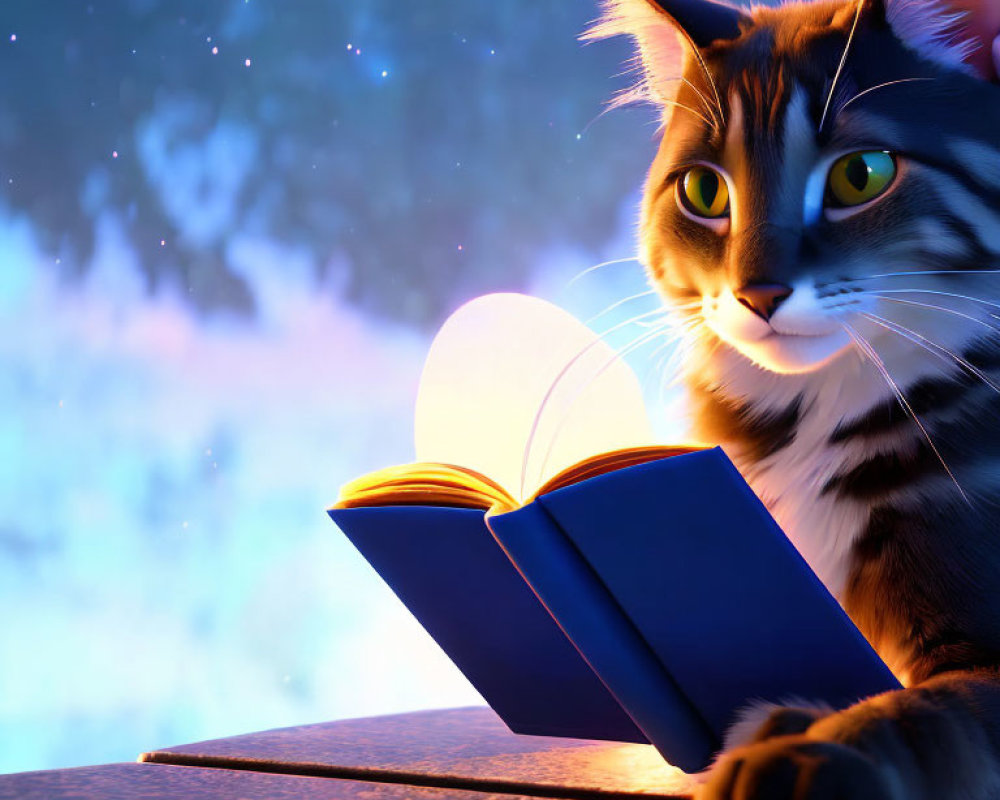 Digital artwork of animated cat reading glowing book under starry sky