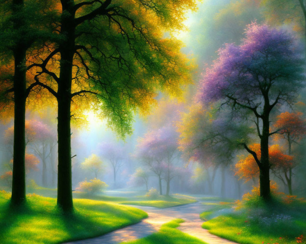 Enchanted forest with green and purple foliage, winding path, and sunlight rays