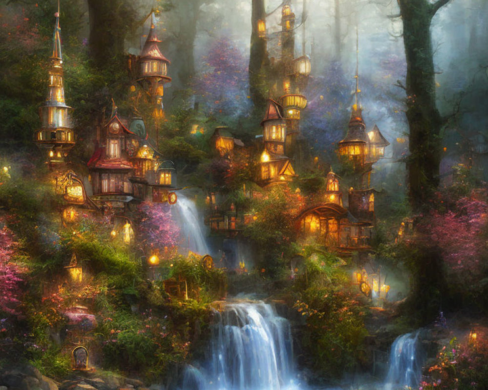 Mystical forest scene with waterfalls, towers, and glowing lights