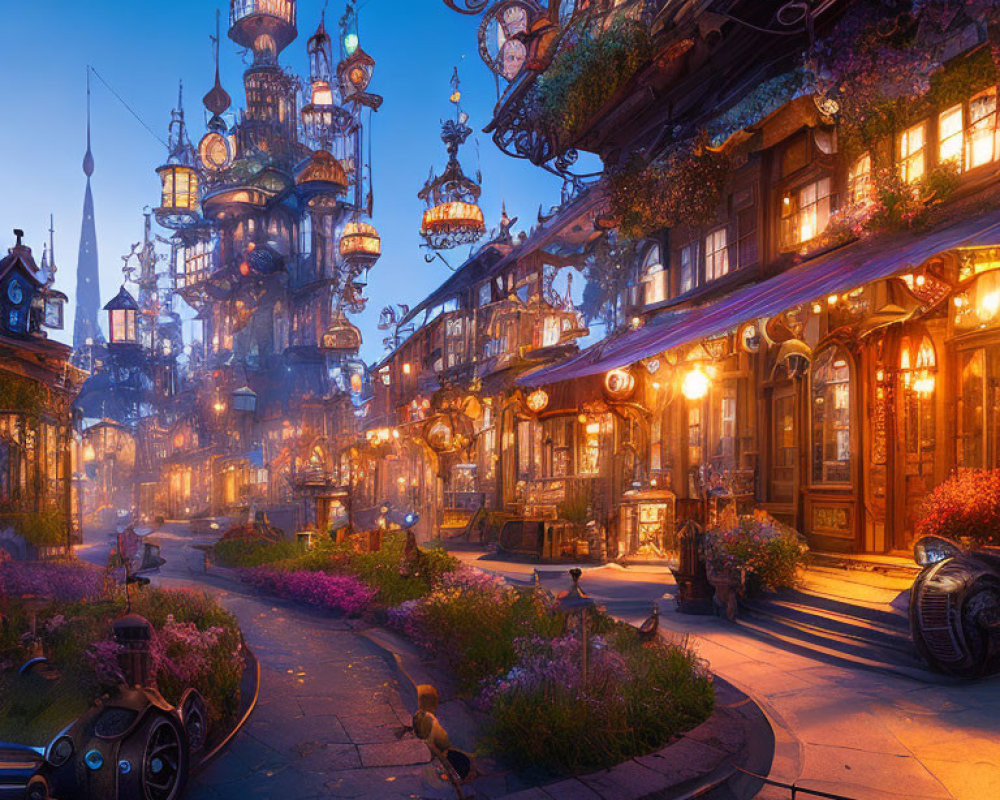 Twilight city street with vintage shops, cobblestone pathways, whimsical towers, and a vintage