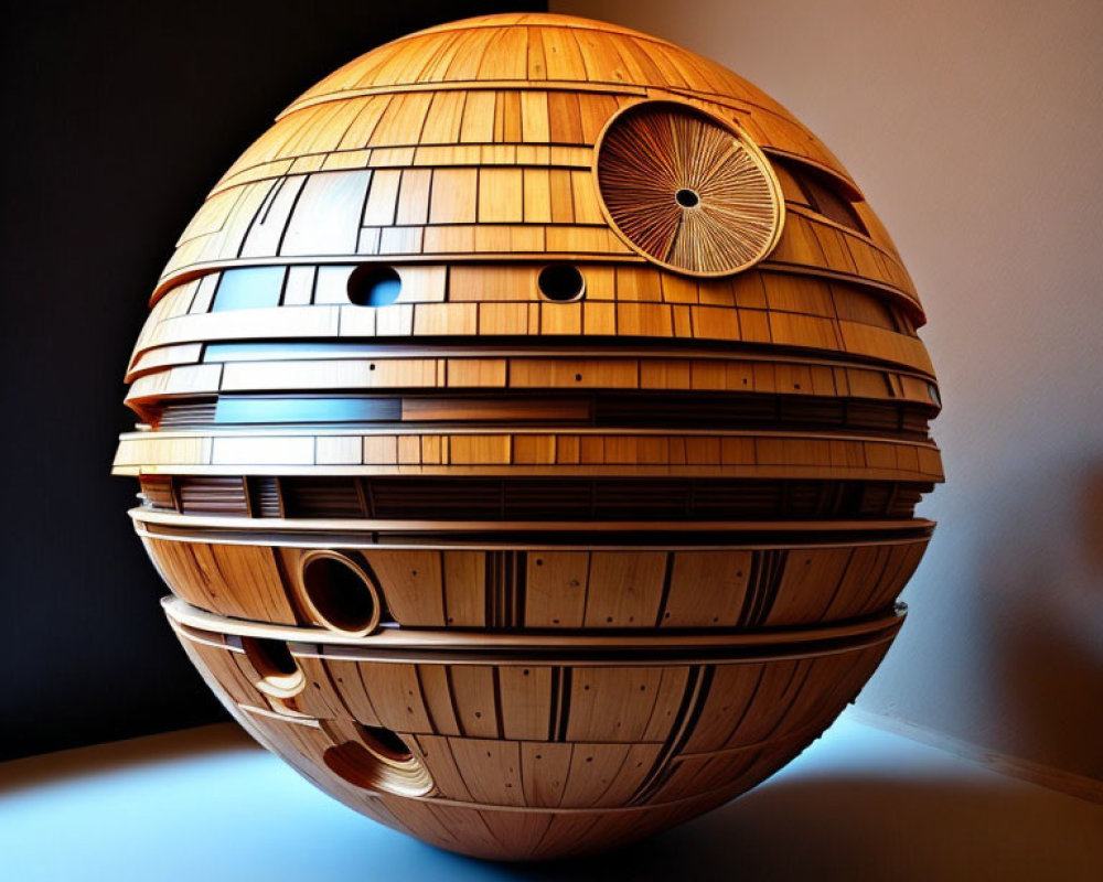 Intricate wooden spherical sculpture with round openings, resembling Death Star, illuminated from below