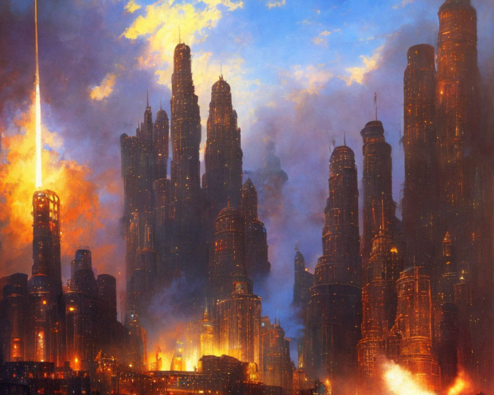 Futuristic cityscape with towering skyscrapers at dusk