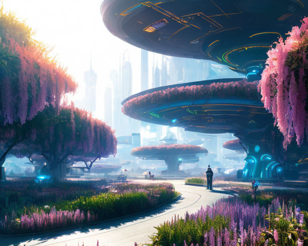 Futuristic cityscape with floating platforms and vibrant pink foliage.