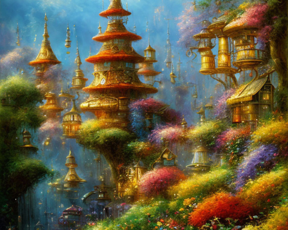 Vibrant flowers and floating lanterns in mystical forest with traditional towers