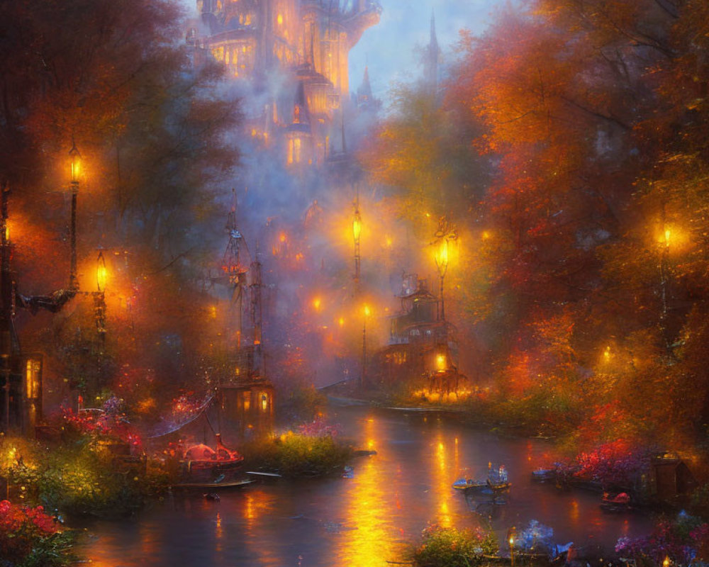 Glowing castle in autumnal scene with fall foliage and misty river