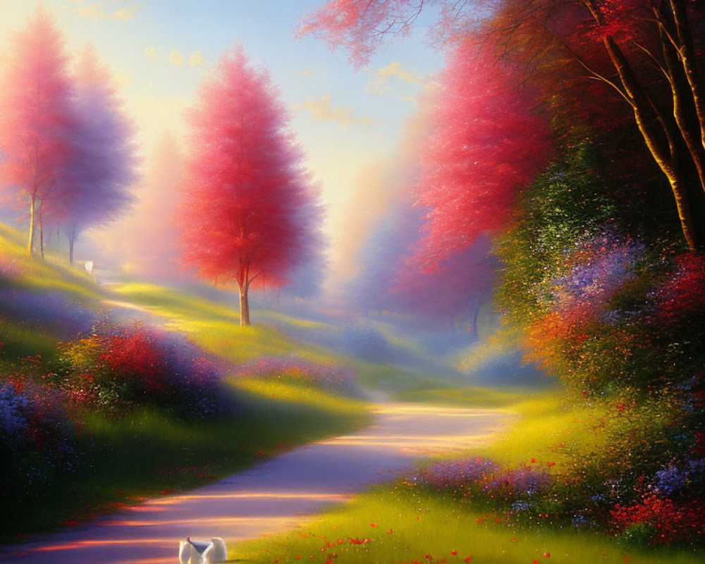 Colorful Trees and White Cat in Serene Landscape with Bright Flowers