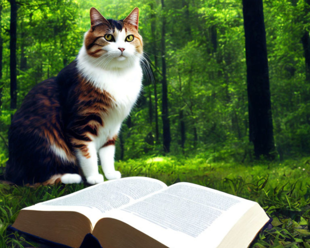 Calico Cat Beside Open Book in Green Forest