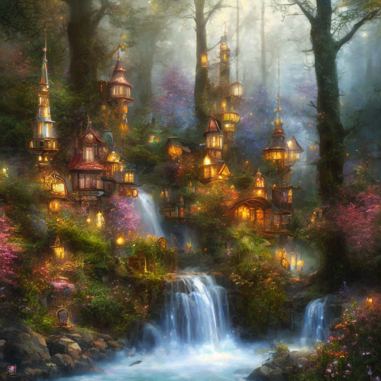 Mystical forest scene with waterfalls, towers, and glowing lights