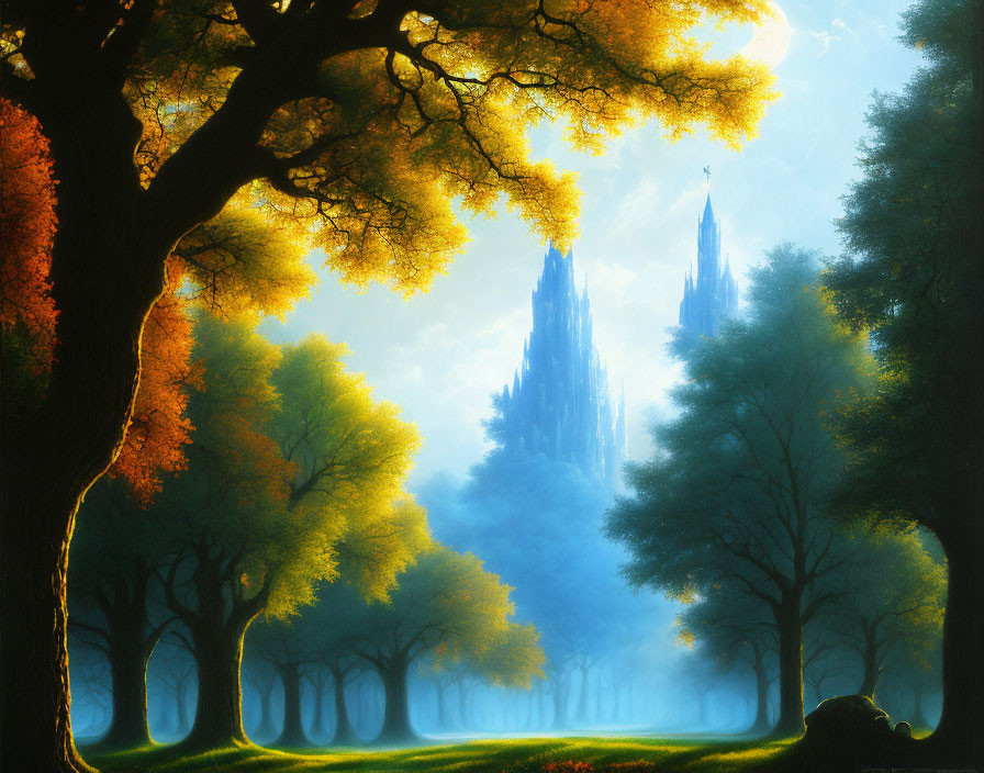 Lush Autumn Forest with Misty Atmosphere and Gothic Castle