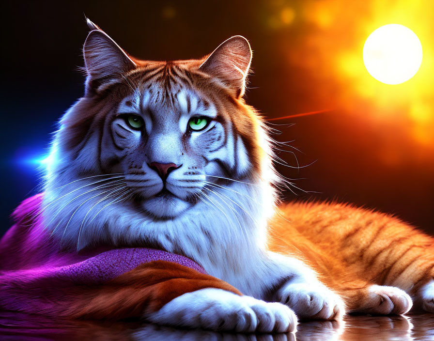 Digital artwork: Tiger with human-like face under vibrant night sky