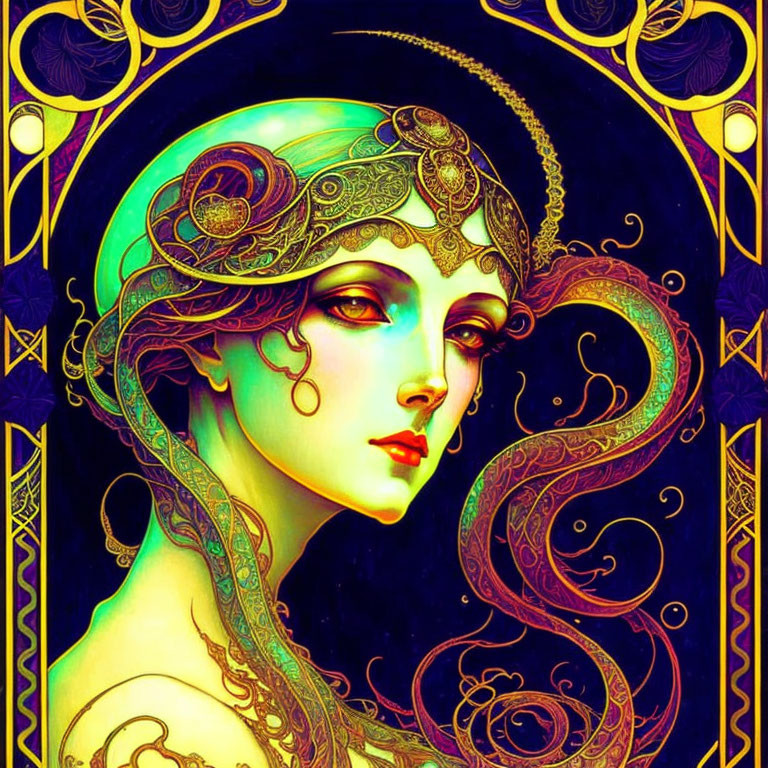 Detailed Art Nouveau Woman Illustration with Flowing Hair in Gold, Blue, and Green Palette