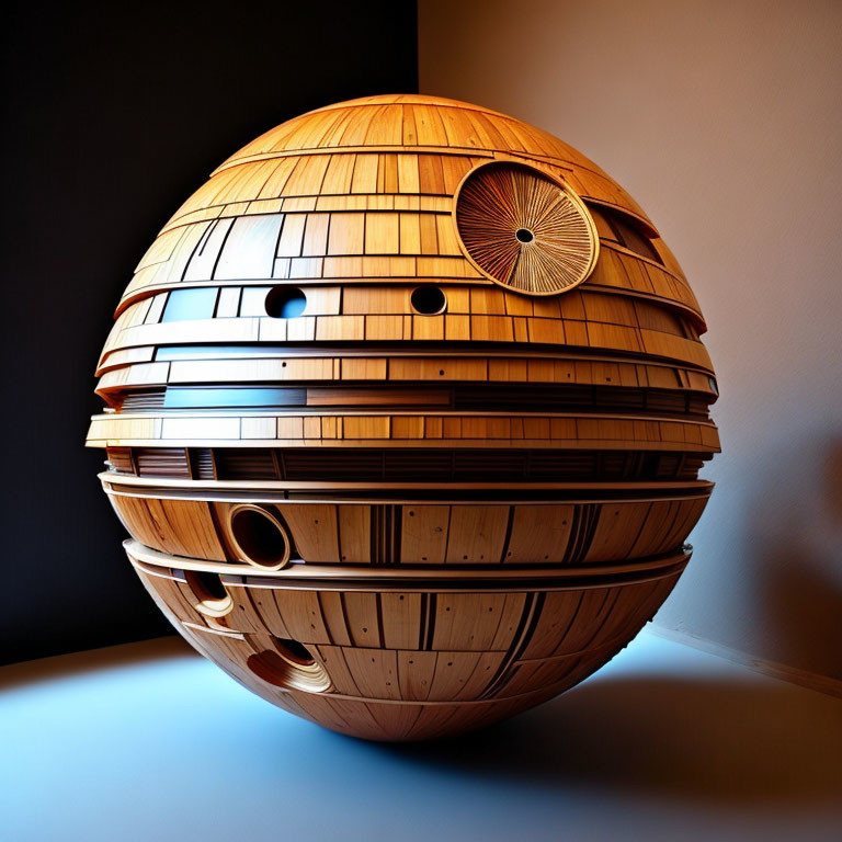 Intricate wooden spherical sculpture with round openings, resembling Death Star, illuminated from below