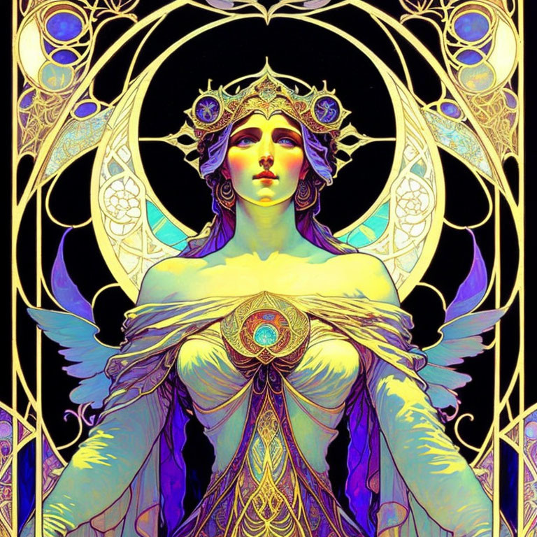 Regal female figure with ornate headdress in vibrant purple and gold palette