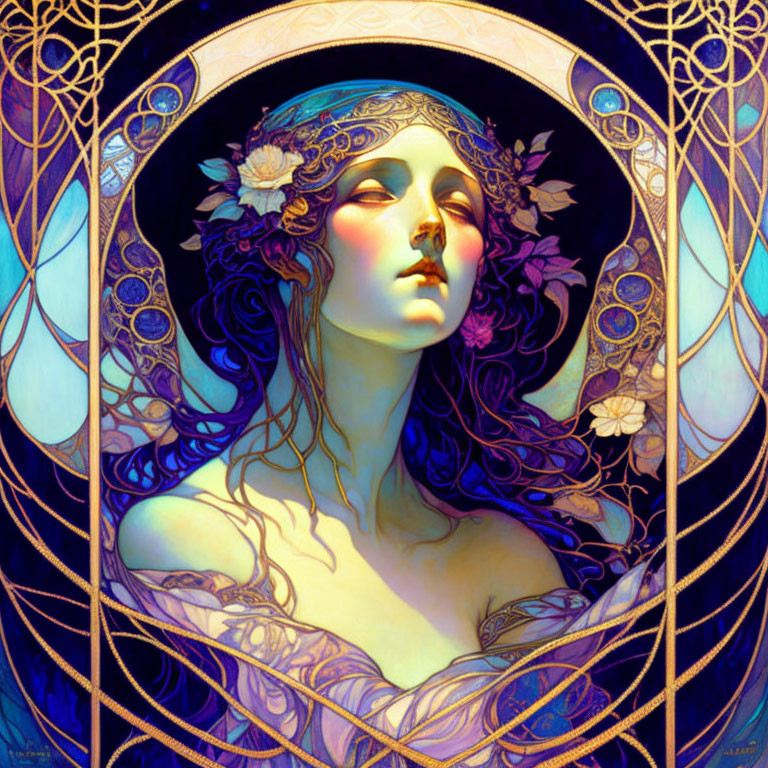 Detailed art nouveau woman illustration with flowing hair and floral motifs in vibrant colors