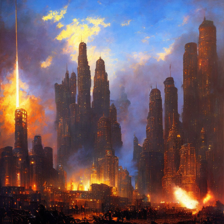 Futuristic cityscape with towering skyscrapers at dusk