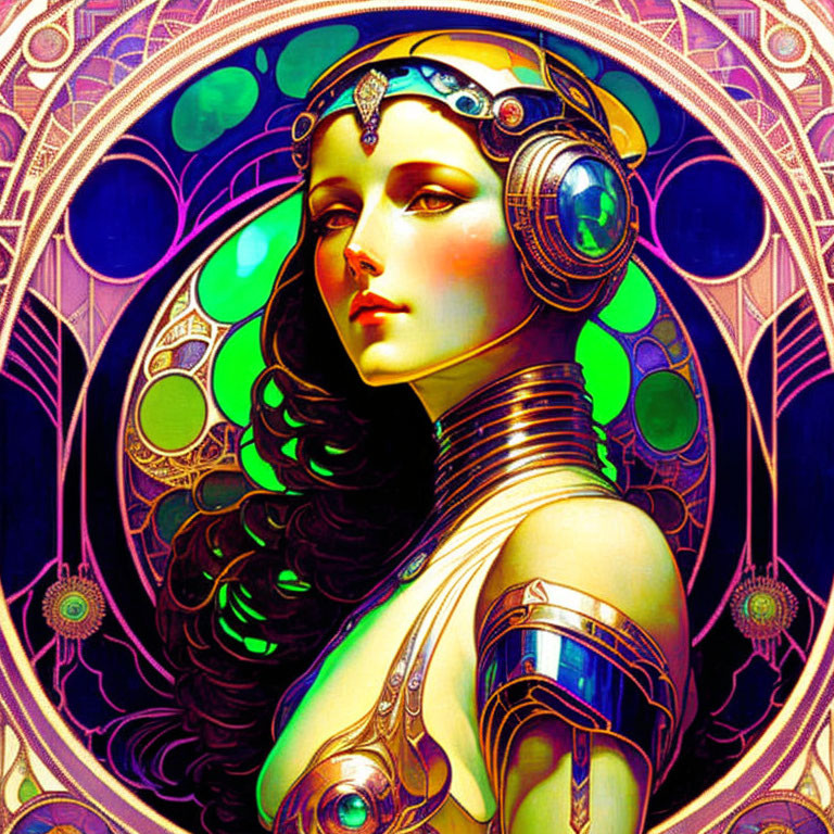 Colorful Art Nouveau Female Robot Illustration with Floral Background