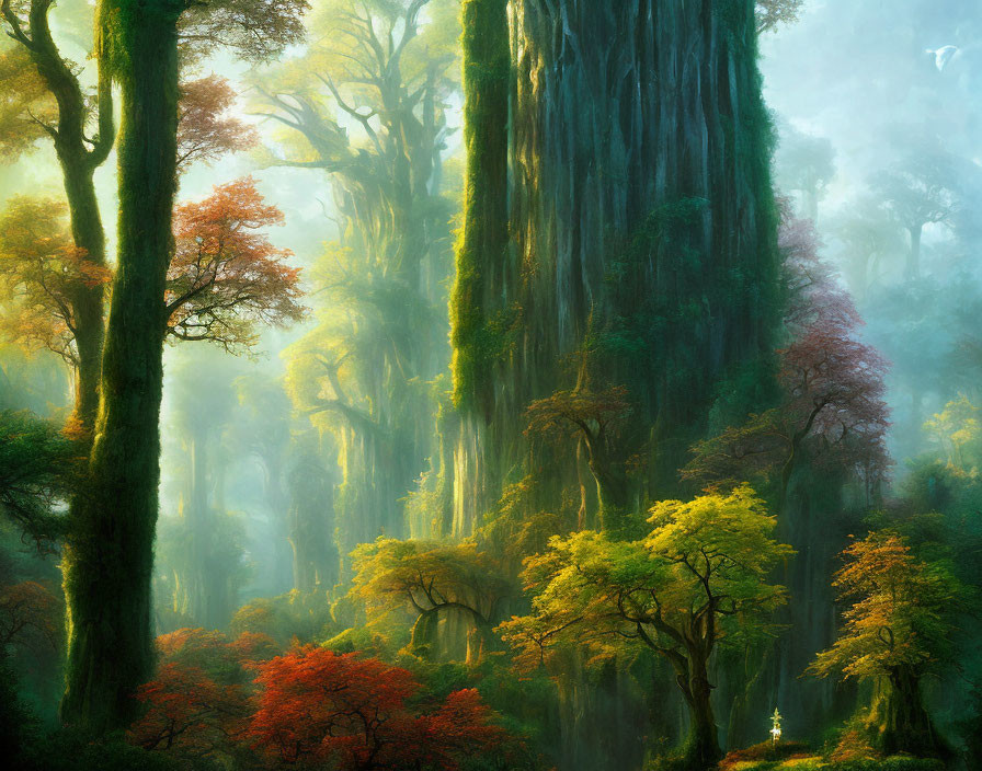 Mystical forest with towering moss-covered trees and autumn foliage