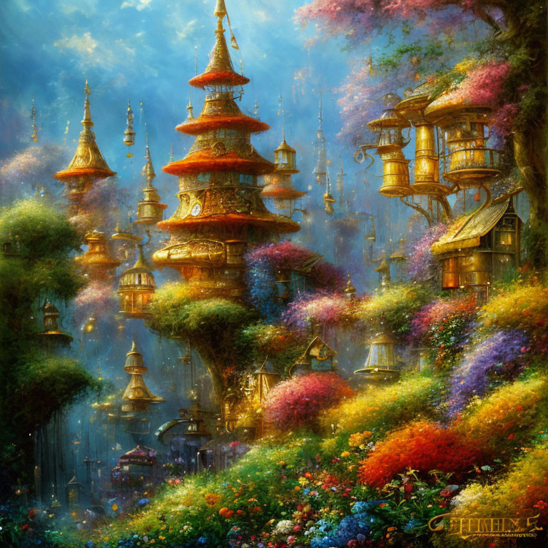 Vibrant flowers and floating lanterns in mystical forest with traditional towers