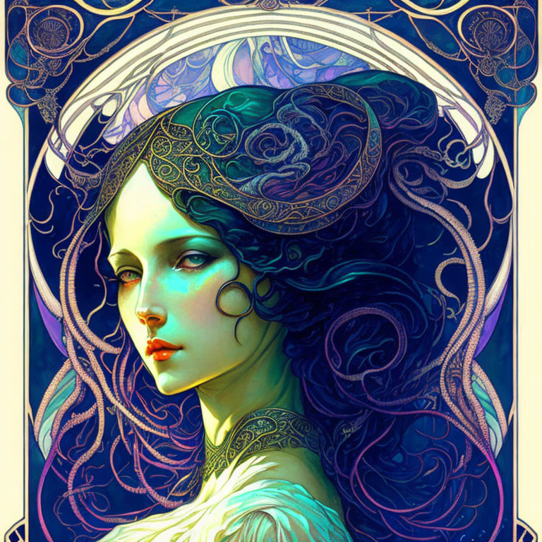 Art Nouveau-inspired woman with swirling dark hair in mystical blue and gold backdrop