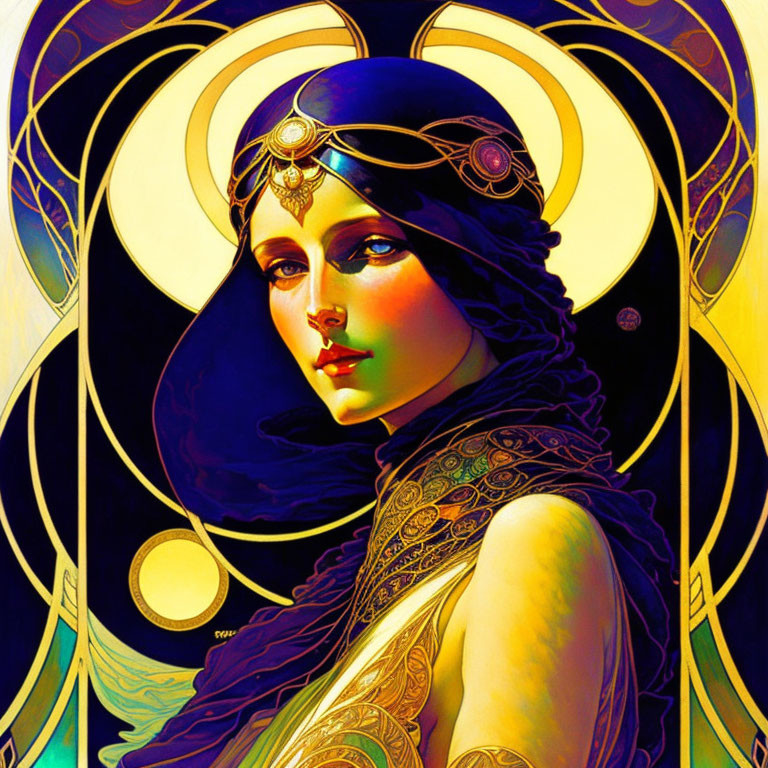 Art Nouveau-inspired woman portrait with decorative headpiece and golden halo background.