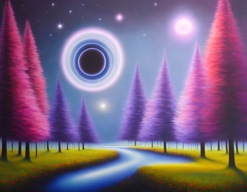 Colorful Surreal Landscape with Purple Trees and Swirling Night Sky