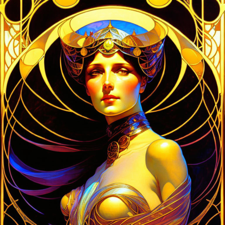 Art-Nouveau Style Woman Illustration with Golden Headdress