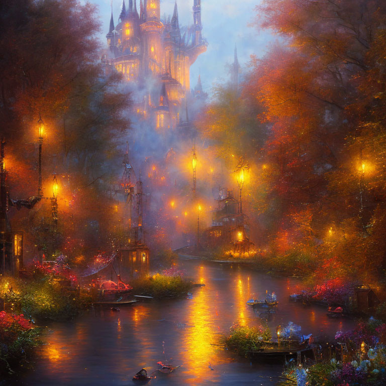 Glowing castle in autumnal scene with fall foliage and misty river