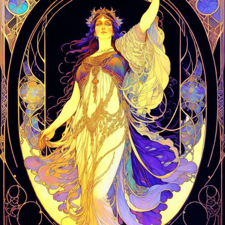 Art Nouveau Style Illustration of Ethereal Woman in Flowing Garments