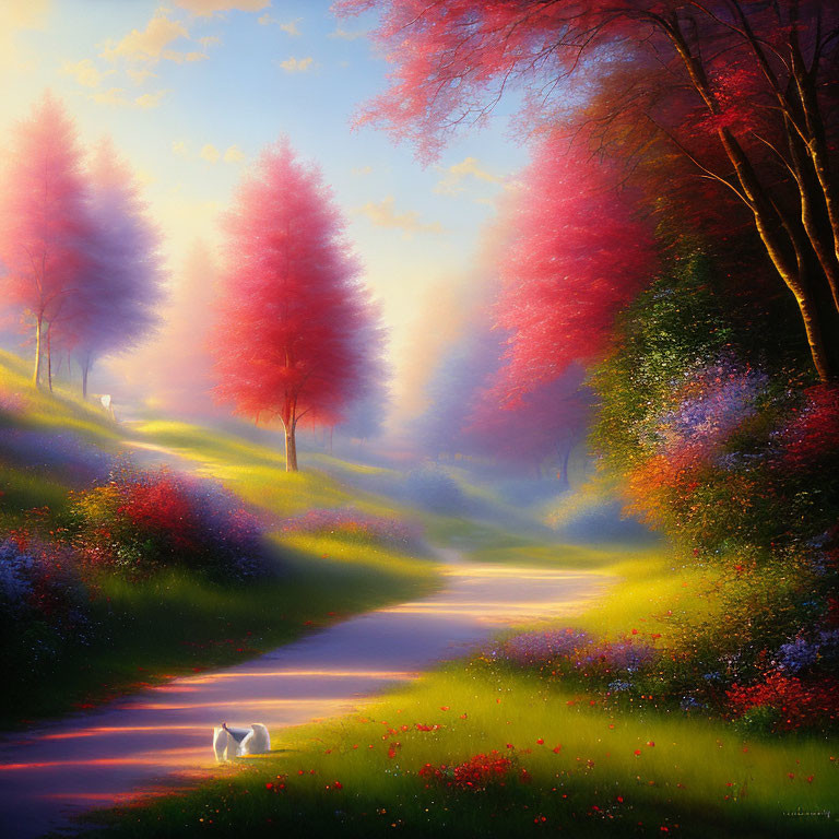 Colorful Trees and White Cat in Serene Landscape with Bright Flowers