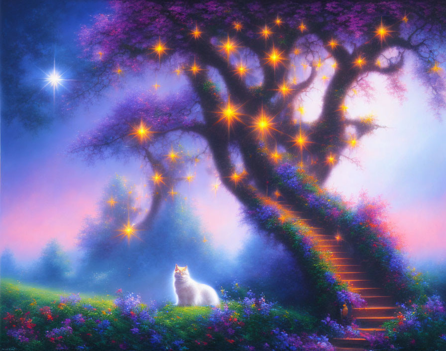 Enchanting landscape with glowing white cat under purple flowering tree