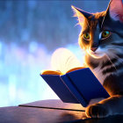 Digital artwork of animated cat reading glowing book under starry sky