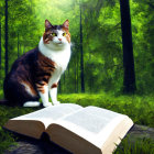 Calico Cat Beside Open Book in Green Forest