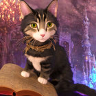 Black and White Cat with Gold Necklace on Open Book in Mystical Setting